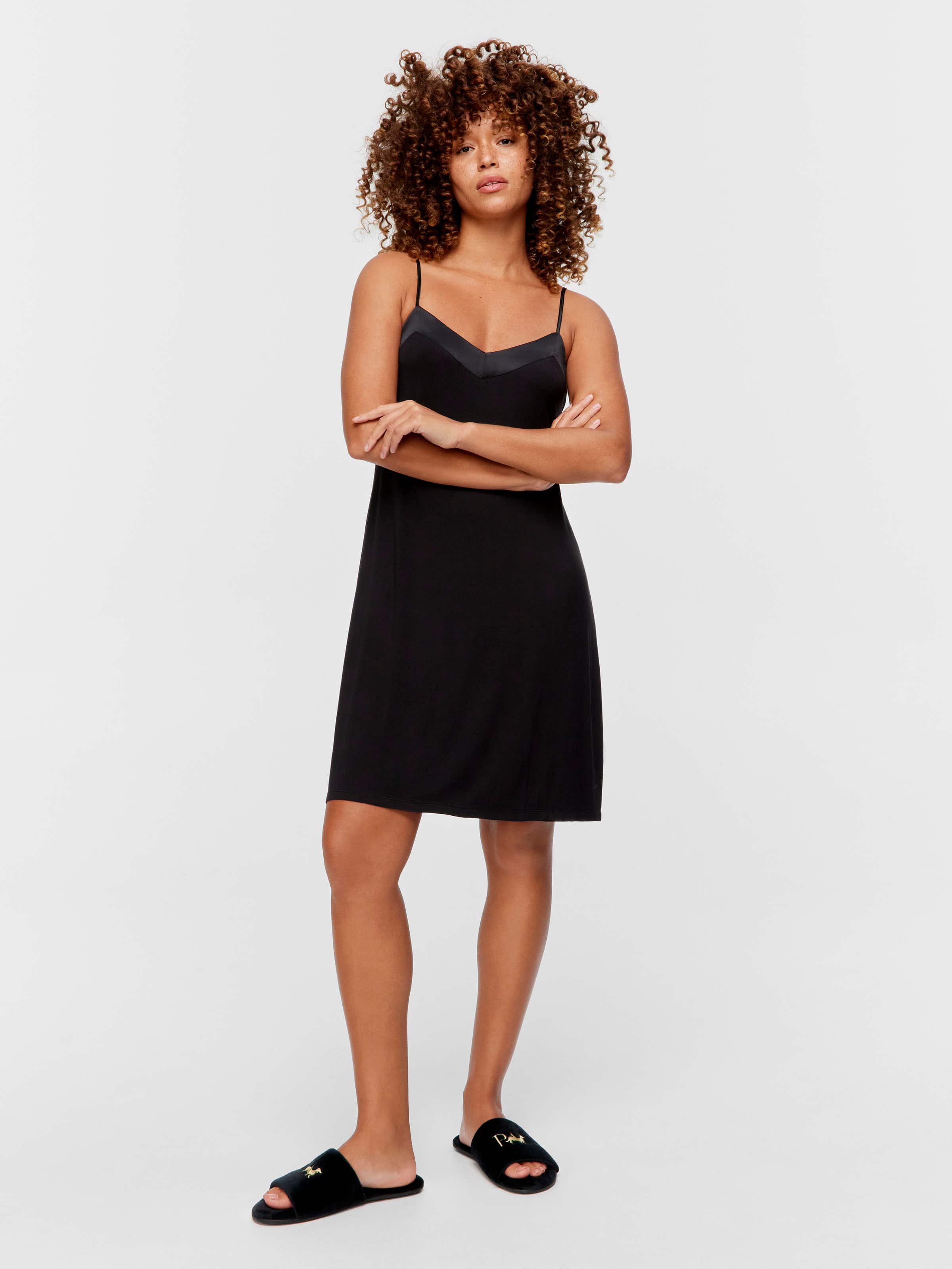 Black Bamboo Jersey Satin Trim Slip Nightie