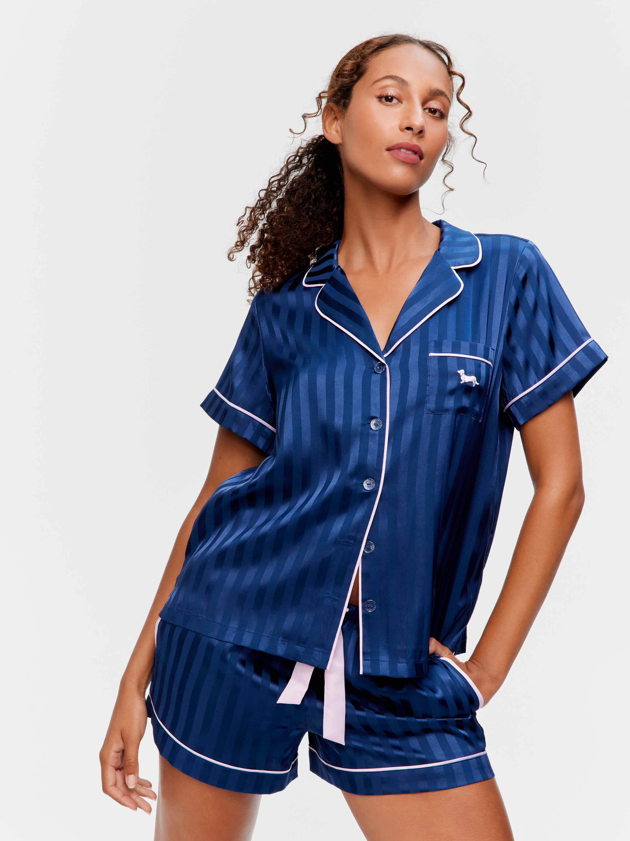 Navy Stripe Chic Satin Shortie Pj Set