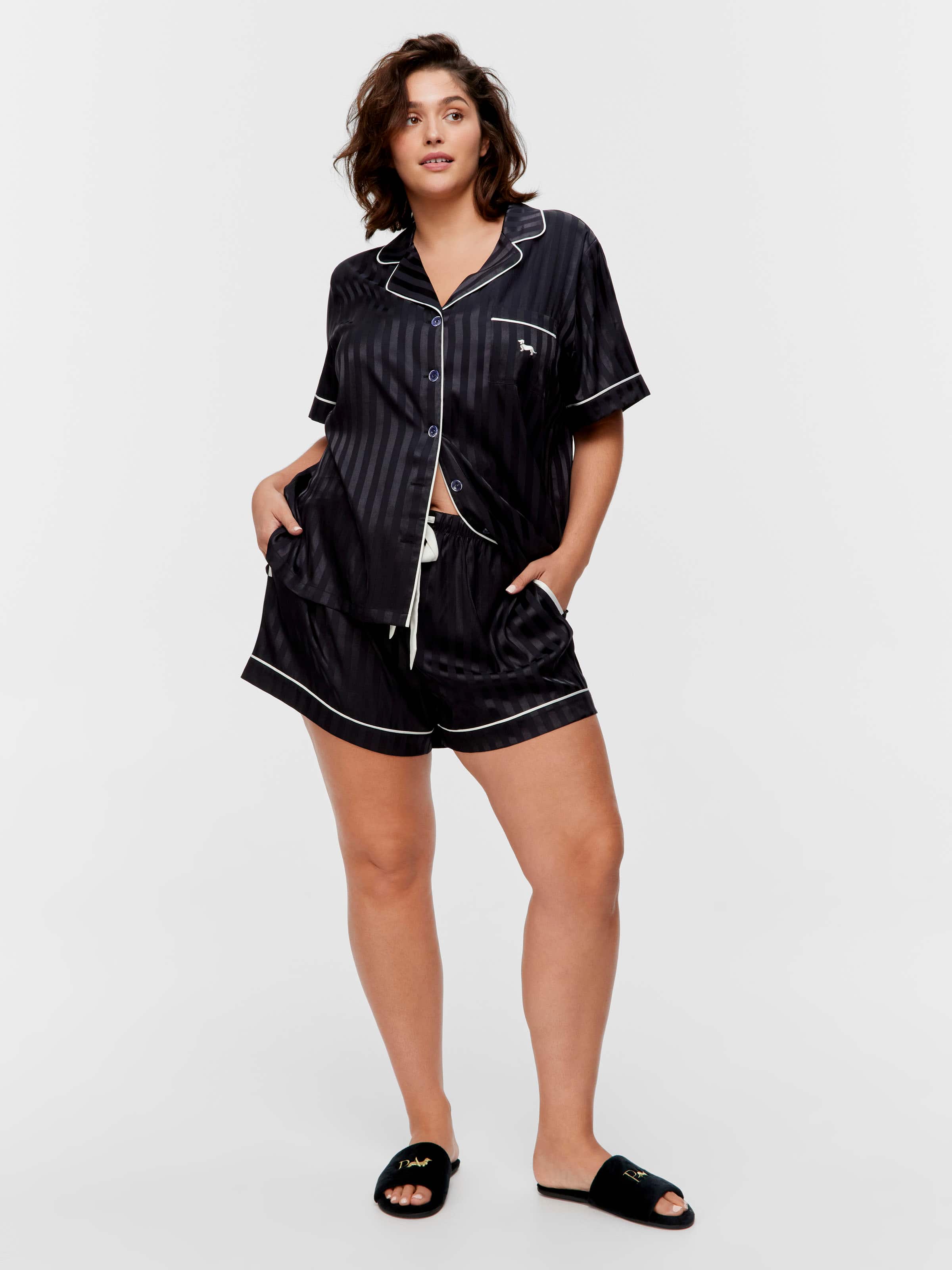P.A. Plus Black Stripe Chic Satin Shortie Pj Set