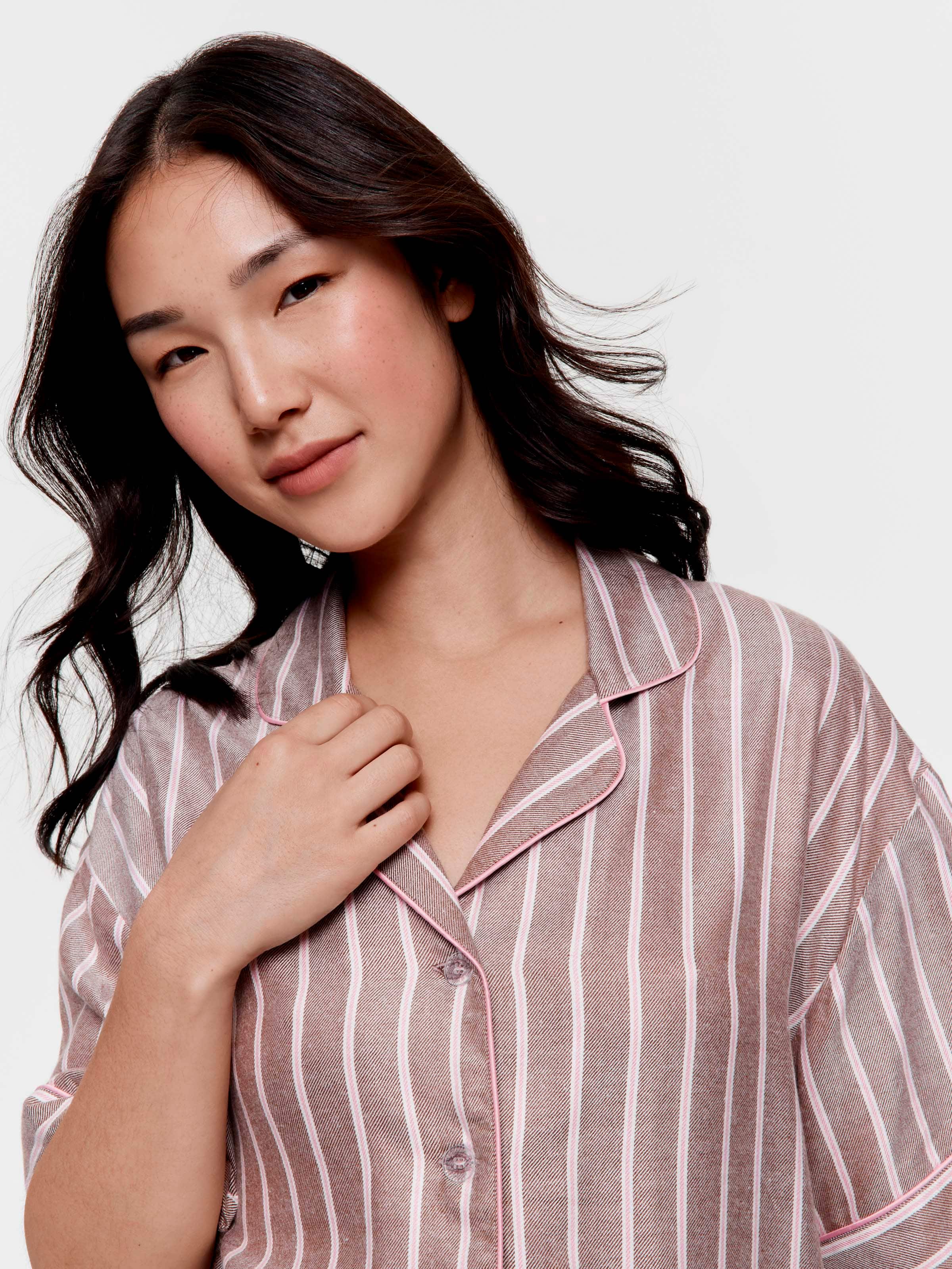 Chocolate Stripe Viscose Flannelette Boyfriend Short Sleeve Shirt