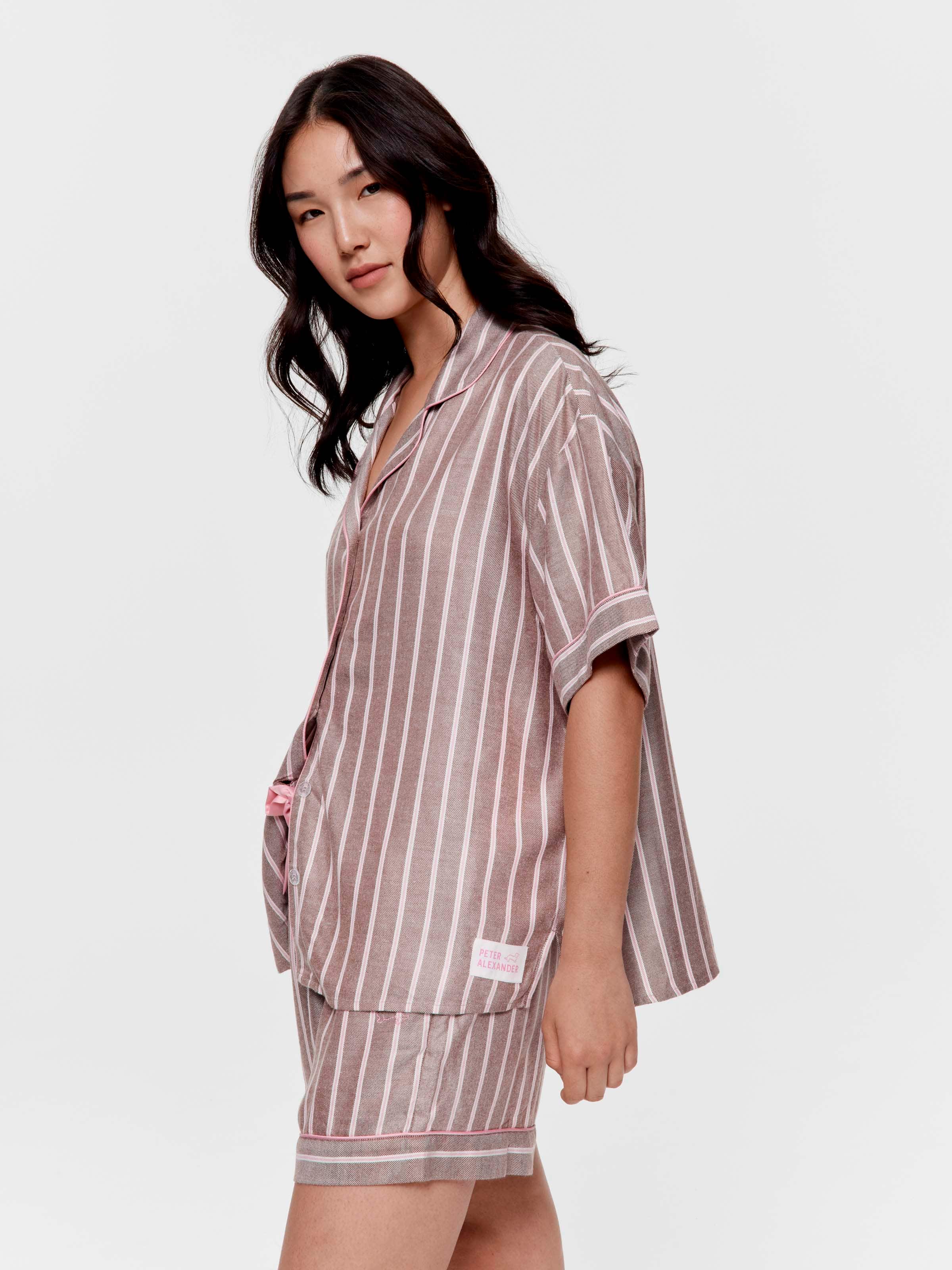 Chocolate Stripe Viscose Flannelette Boyfriend Short Sleeve Shirt