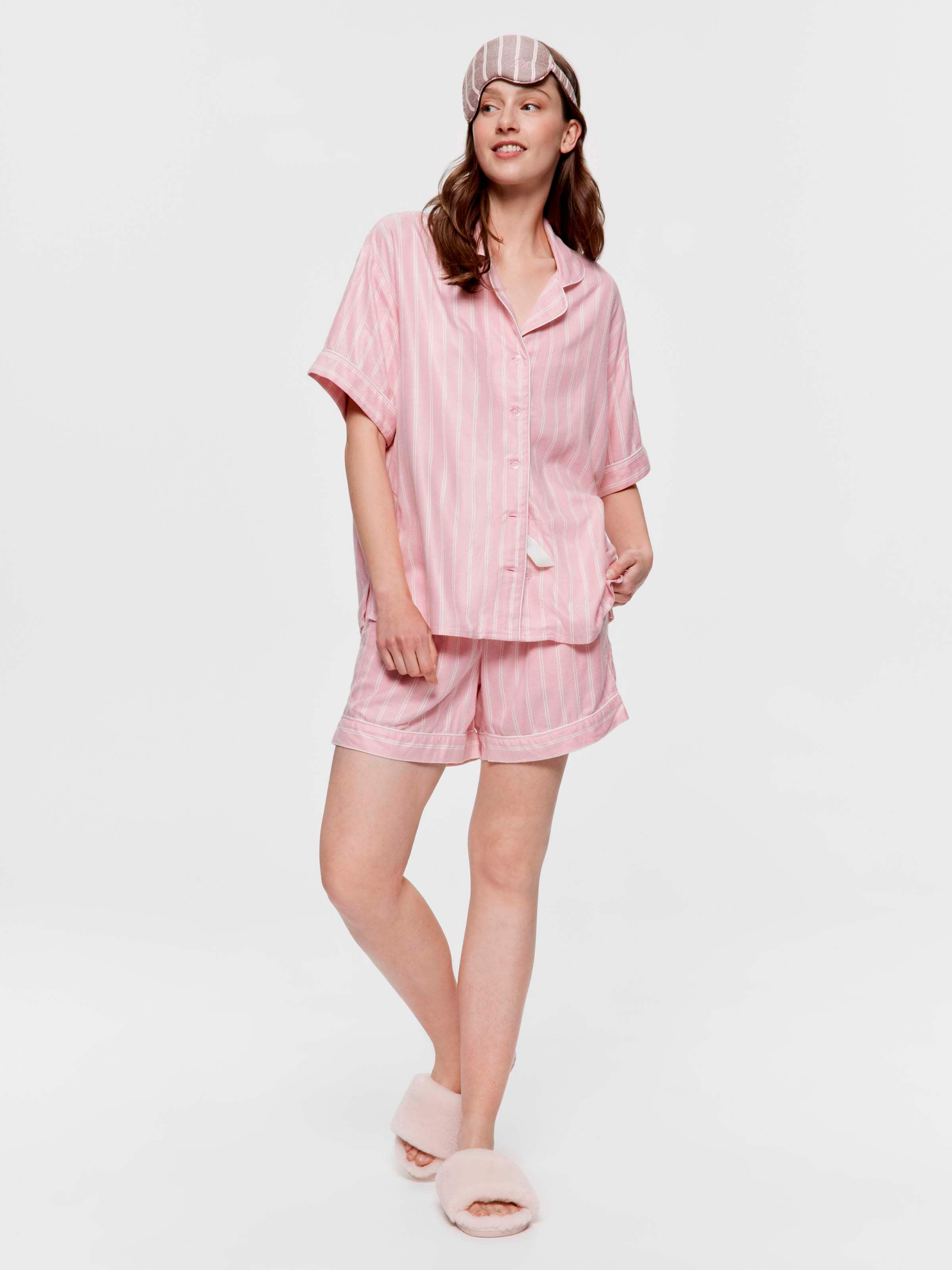 Dusty Pink Stripe Viscose Flannelette Boyfriend Short Sleeve Shirt