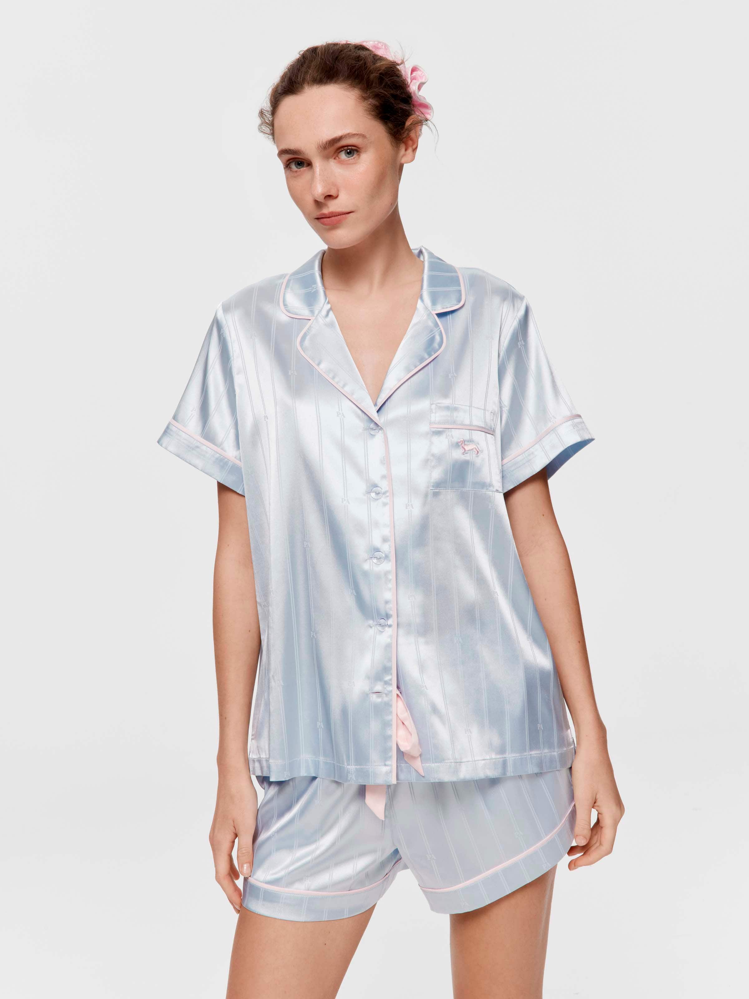 Ice Blue Logo Stripe Chic Satin Shortie Pj Set